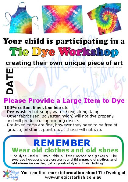 Magic Starfish tie dye workshop note to parents