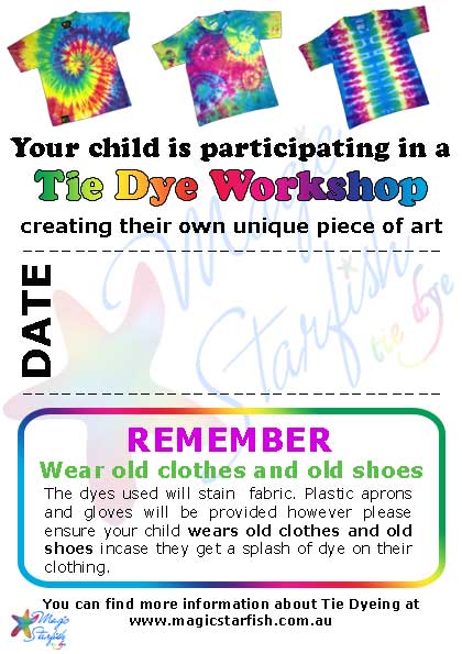 Magic Starfish tie dye workshop note to parents